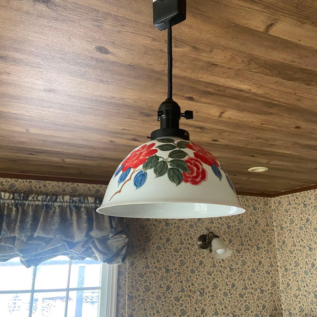 アンティーク照明　電笠　薔薇絵付　磁器シェード　ペンダントライト