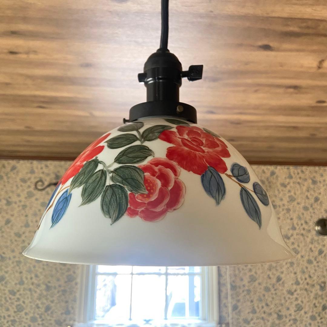 アンティーク照明　電笠　薔薇絵付　磁器シェード　ペンダントライト