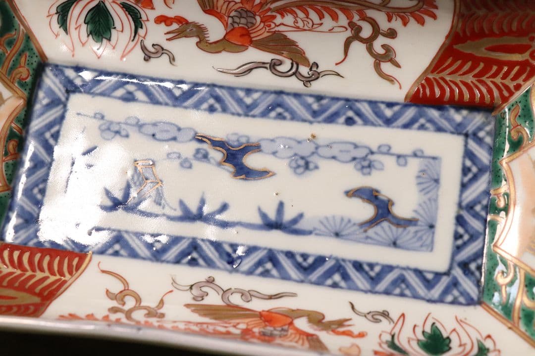 【CM50】古伊万里 色絵 長方刺身皿 角皿 五客 桐鳳凰 松竹梅 扇面 花唐草