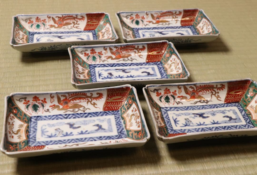 【CM50】古伊万里 色絵 長方刺身皿 角皿 五客 桐鳳凰 松竹梅 扇面 花唐草