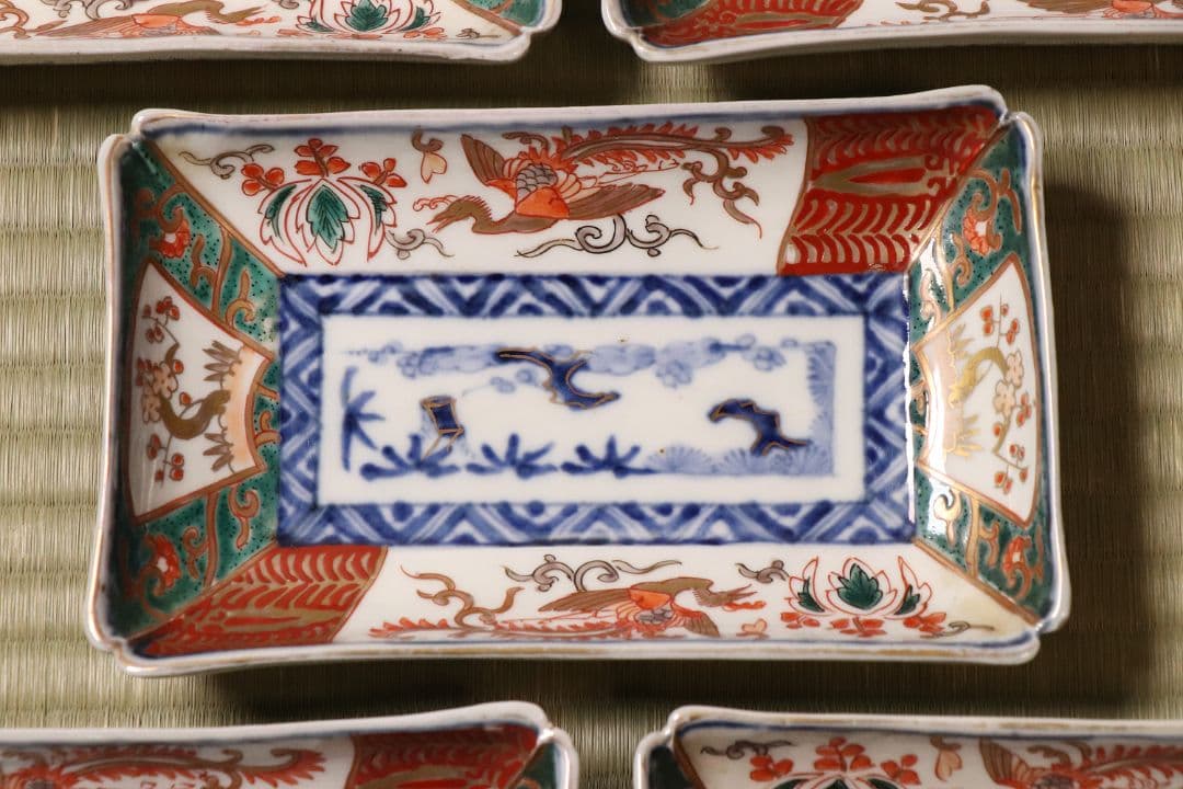 【CM50】古伊万里 色絵 長方刺身皿 角皿 五客 桐鳳凰 松竹梅 扇面 花唐草