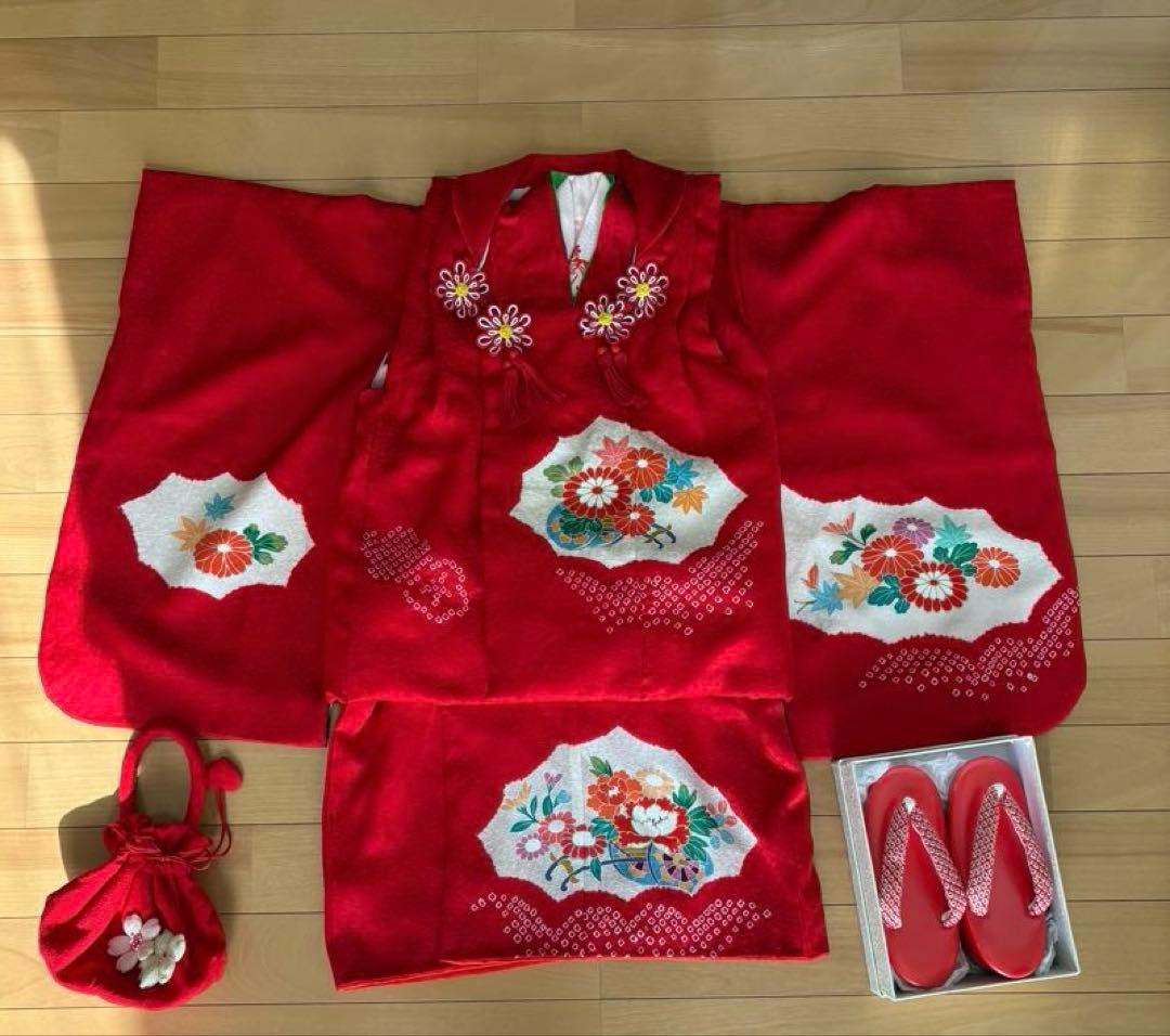 七五三　3歳　正絹　お着物セット　巾着　お草履付き