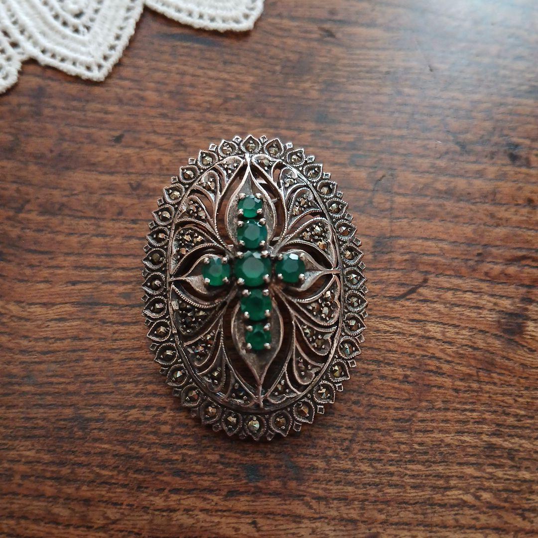 シルバー925 マーカサイト クロス デザイン ブローチ、ペンダント兼用 レトロ