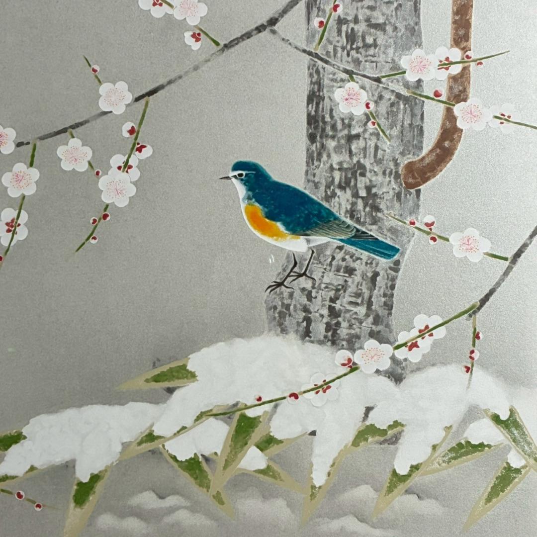 美品 上村淳之「待春」リトグラフ 直筆サイン・印章有 額縁入 上村松園 花鳥