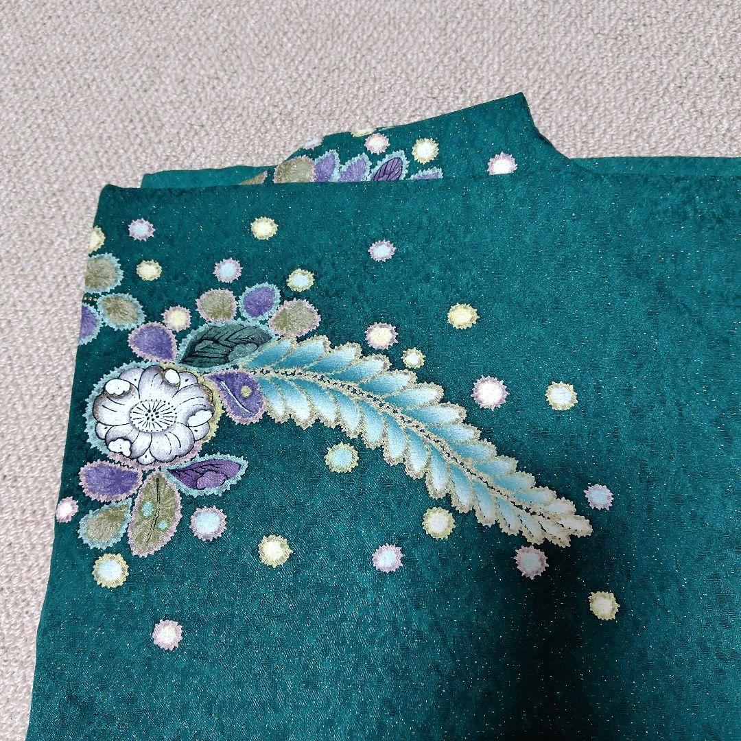 振袖 深い緑色 花柄　辻ヶ花