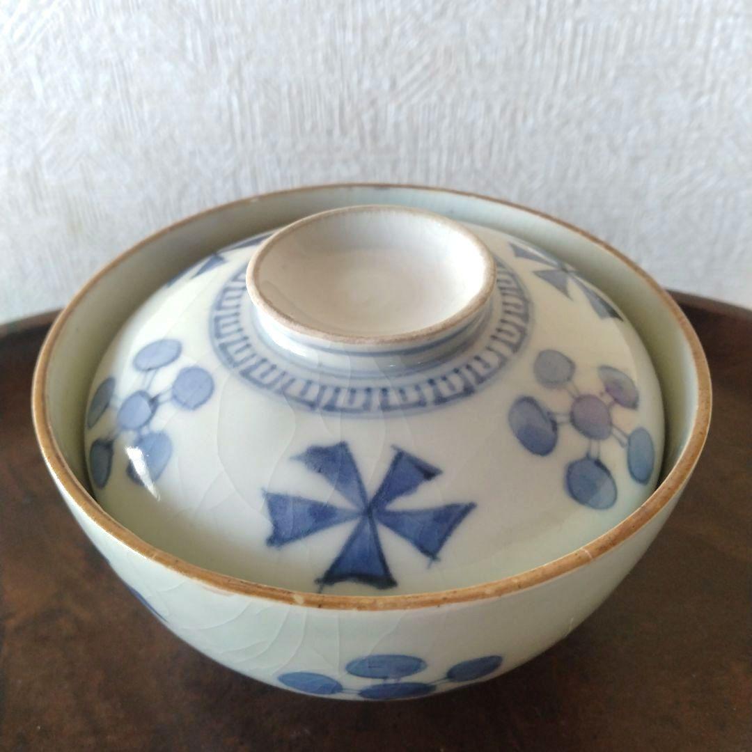 《新春セール！》古伊万里染付幾何学花文蓋付き茶碗蕎麦猪口江戸時代