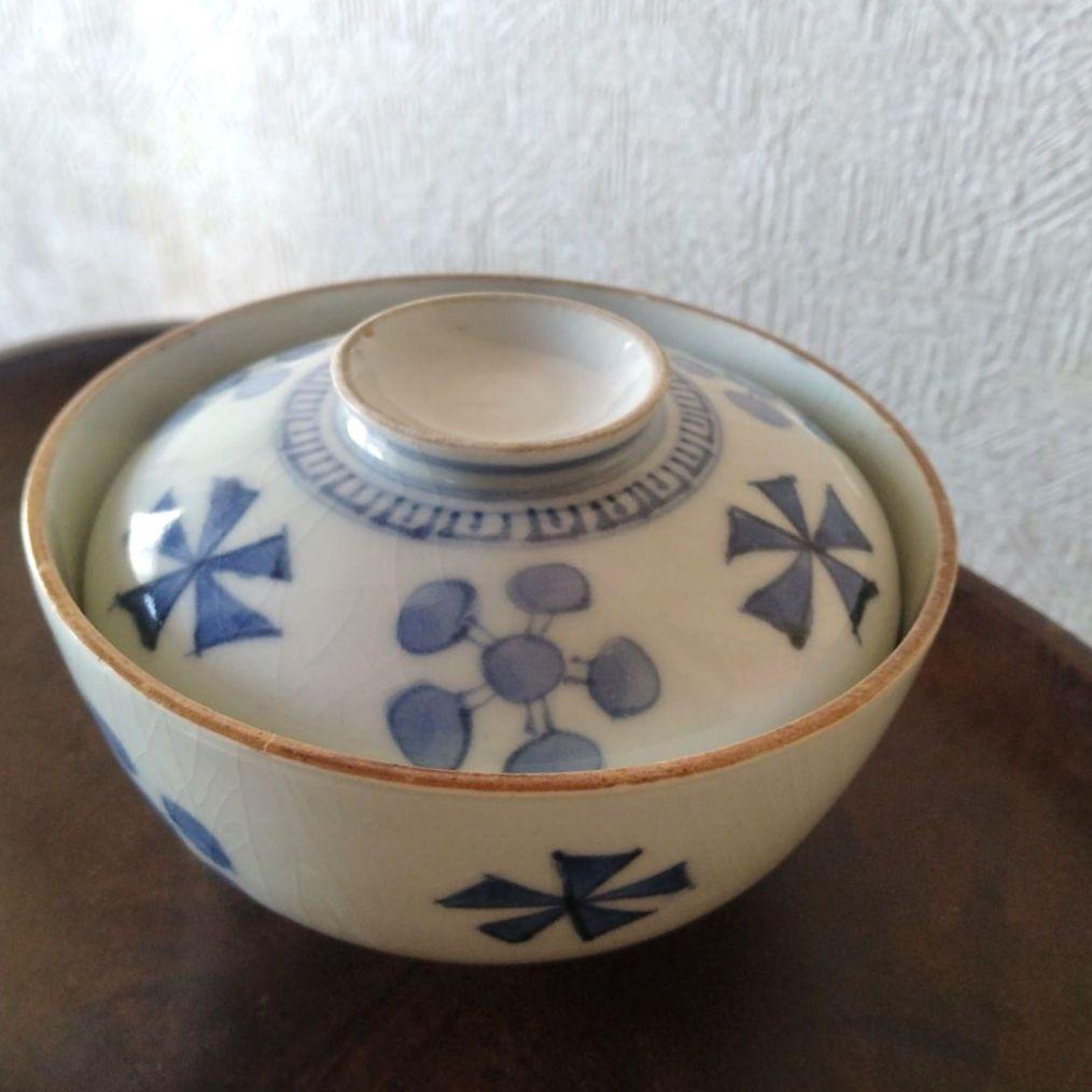 《新春セール！》古伊万里染付幾何学花文蓋付き茶碗蕎麦猪口江戸時代
