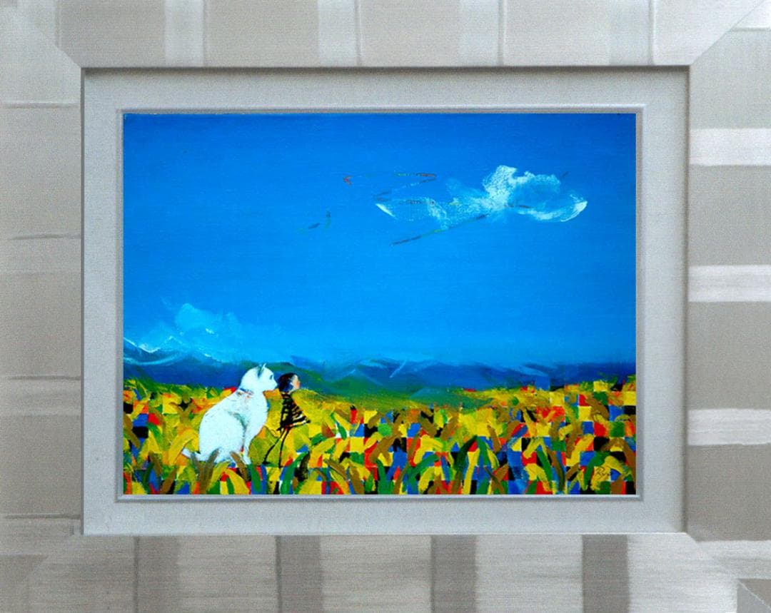 油絵 菅家令子 絵 絵画インテリア額付(銀) F4-072119 子犬猫と女の子