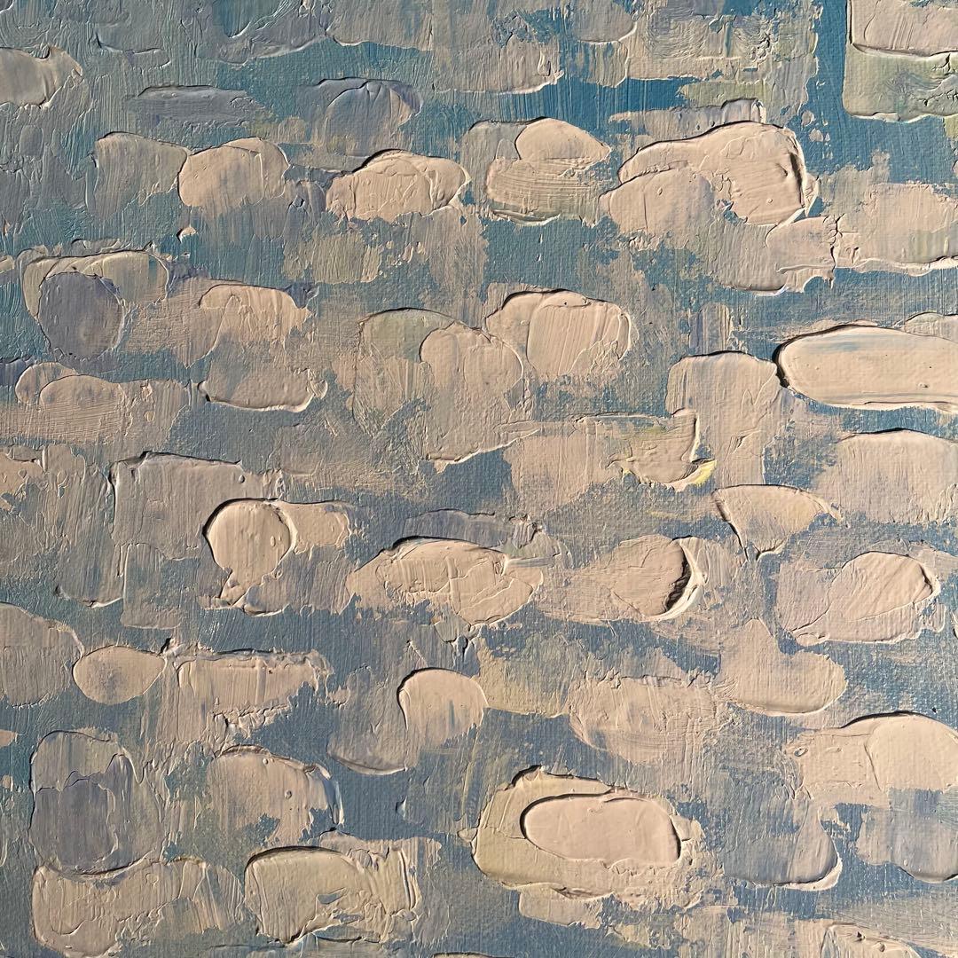 ★秀作★ 手書き油絵 スカイブルー 肉筆絵画 インテリア 油彩画