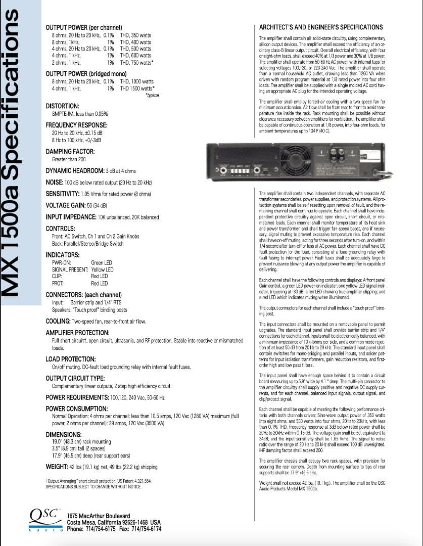 QSC MX 1500a プロフェッショナルステレオアンプ