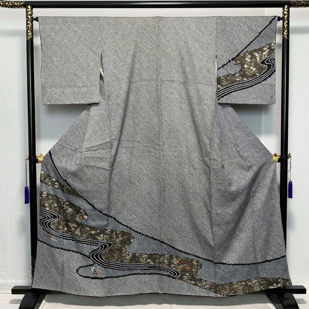 D19 訪問着 総絞り 花刺繍 正絹 着物 袷 極美品