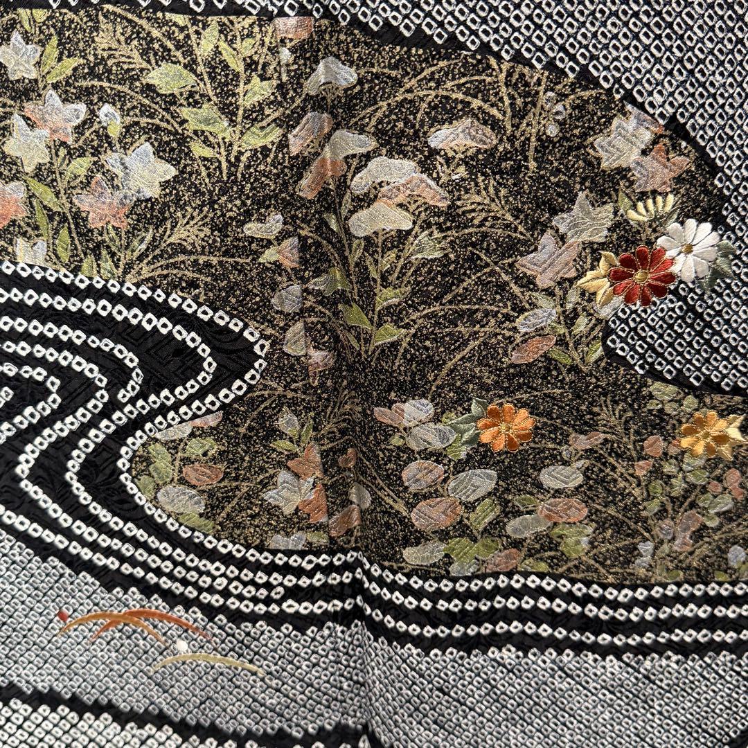 D19 訪問着 総絞り 花刺繍 正絹 着物 袷 極美品