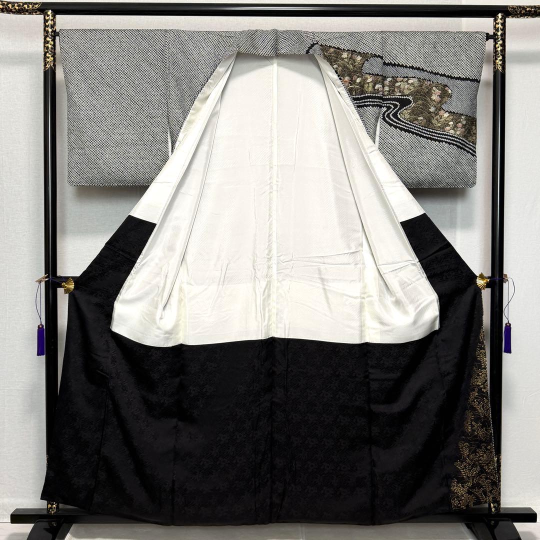 D19 訪問着 総絞り 花刺繍 正絹 着物 袷 極美品