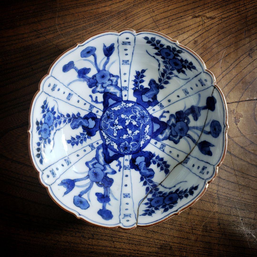 古伊万里　染付　なます皿　芙蓉手　花図　花唐草　ロ号　浅鉢　訳あり　漆継ぎ