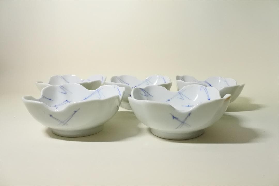 江戸末期～明治時代　伊万里　染付　折松葉　角　鉢　向付　５客組　骨董品　g