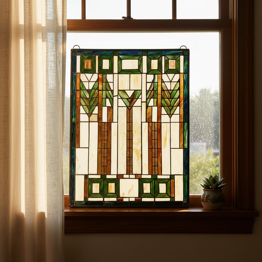 特大 62cm ステンドグラス パネル フランク・ロイド・ライト風 幾何学模様