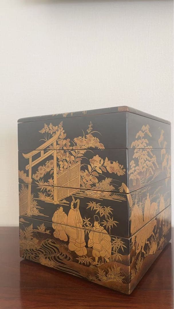 蒔絵 人物文 黒漆 五段重箱 平安風図絵 金蒔絵 漆芸 木製 箱付