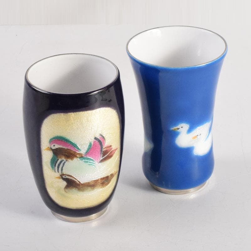 七宝焼　双鳥図　コップ　ビアグラス　2点　箱付　V　8278