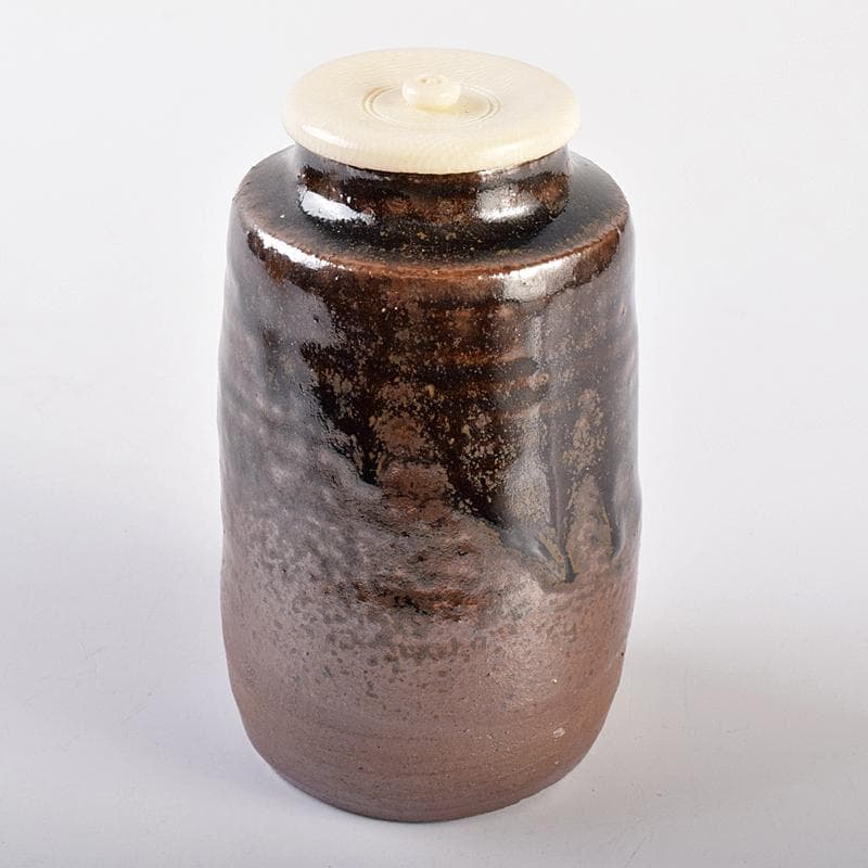 丹波焼　森本陶谷作　肩衝茶入　古代名物裂　黄地真田入間道仕覆　共箱　VR7563