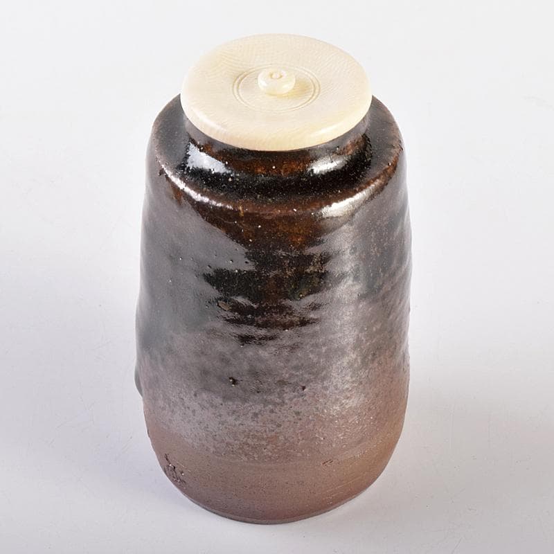 丹波焼　森本陶谷作　肩衝茶入　古代名物裂　黄地真田入間道仕覆　共箱　VR7563