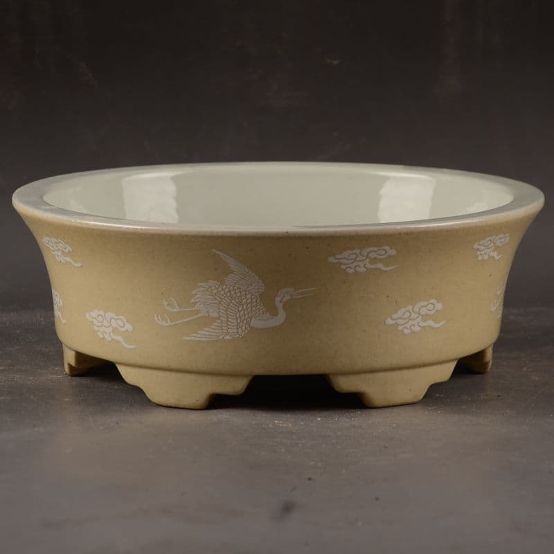 黄地に鶴紋 円形 筆洗い 水仙鉢 工芸品 置物