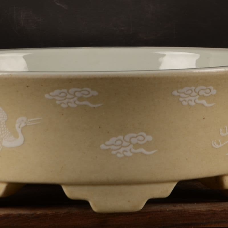 黄地に鶴紋 円形 筆洗い 水仙鉢 工芸品 置物