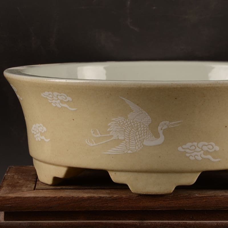 黄地に鶴紋 円形 筆洗い 水仙鉢 工芸品 置物