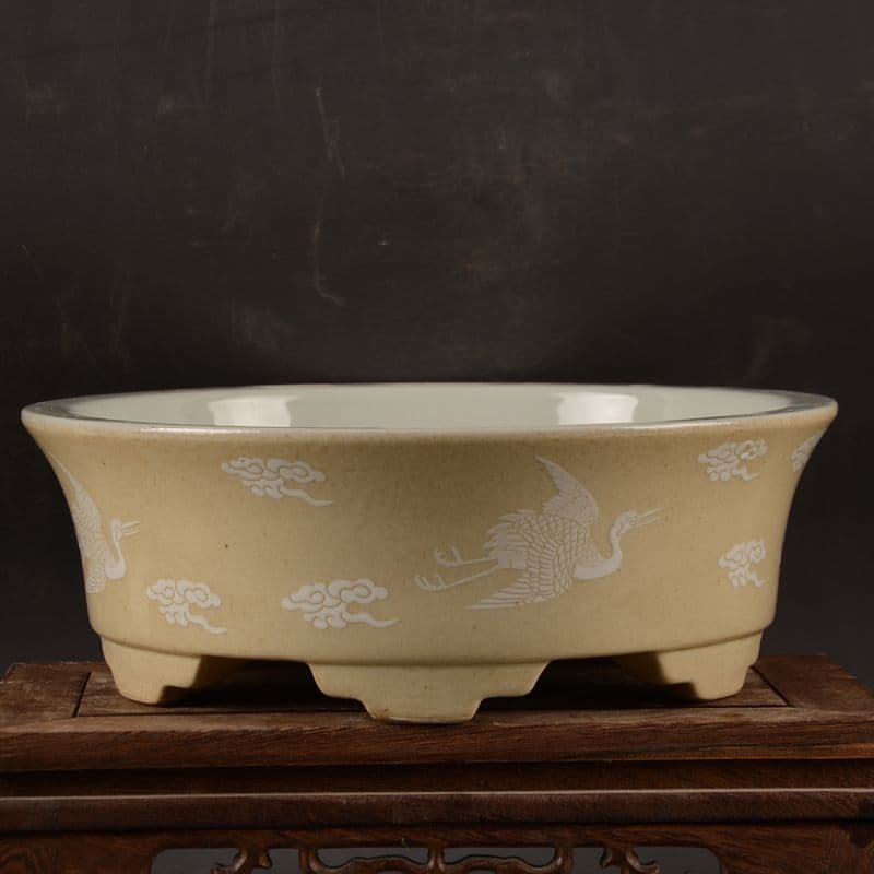 黄地に鶴紋 円形 筆洗い 水仙鉢 工芸品 置物