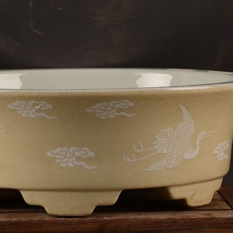 黄地に鶴紋 円形 筆洗い 水仙鉢 工芸品 置物