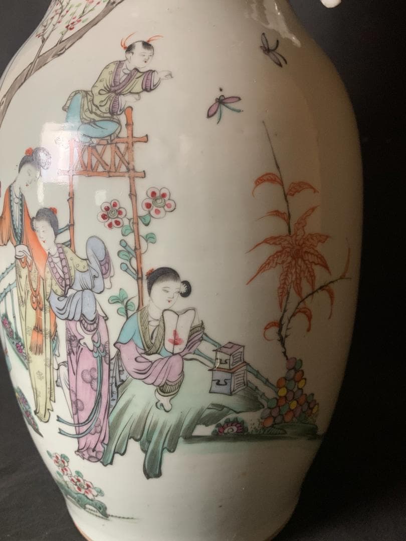 中国 清代 粉彩 宮廷美人図 漢詩 双耳 大花瓶 高さ41cm 中国美術