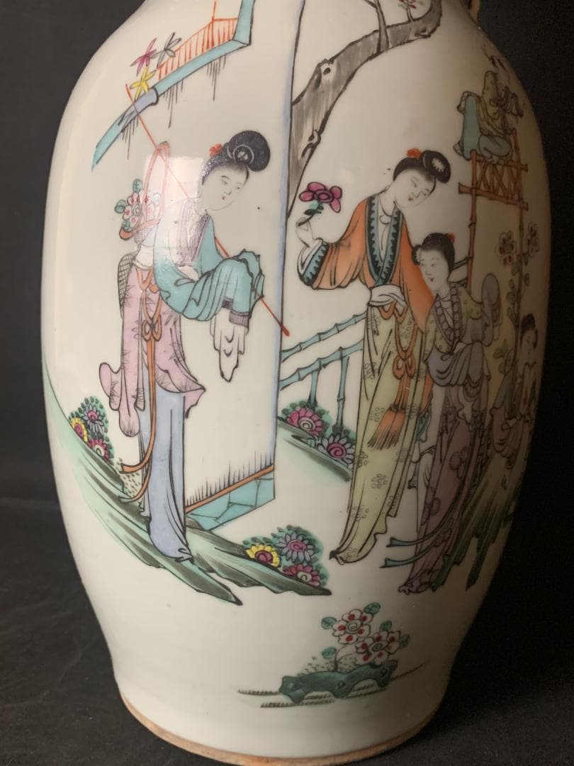 中国 清代 粉彩 宮廷美人図 漢詩 双耳 大花瓶 高さ41cm 中国美術
