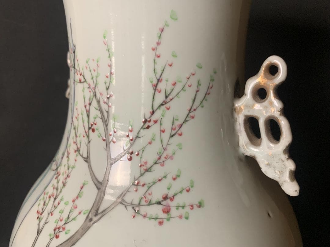 中国 清代 粉彩 宮廷美人図 漢詩 双耳 大花瓶 高さ41cm 中国美術