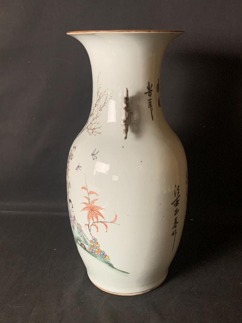 中国 清代 粉彩 宮廷美人図 漢詩 双耳 大花瓶 高さ41cm 中国美術