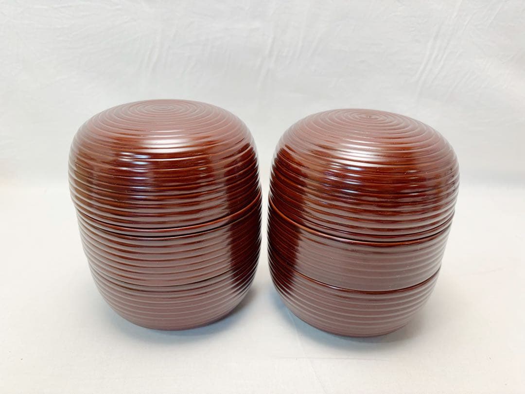 未使用 茶道具 木製溜塗 信玄三段弁当 2客揃 千筋 内朱 紙箱