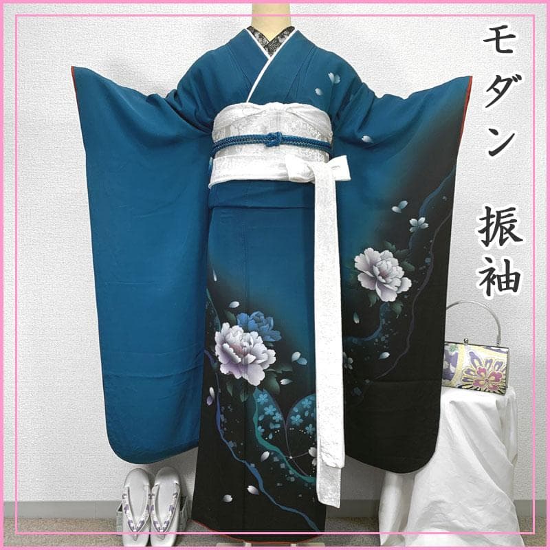 511z19〇振袖 モダン 牡丹 桜 青 白〇状態良好 成人式 結婚式