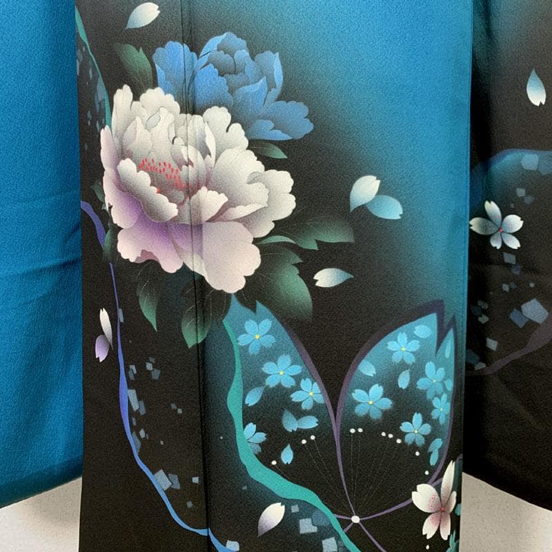 511z19〇振袖 モダン 牡丹 桜 青 白〇状態良好 成人式 結婚式