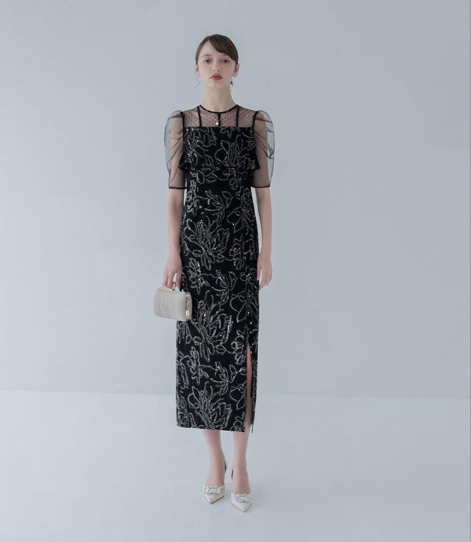 LEJAドットチュールフラワースパンコールラインドレスワンピース 結婚式 同窓会