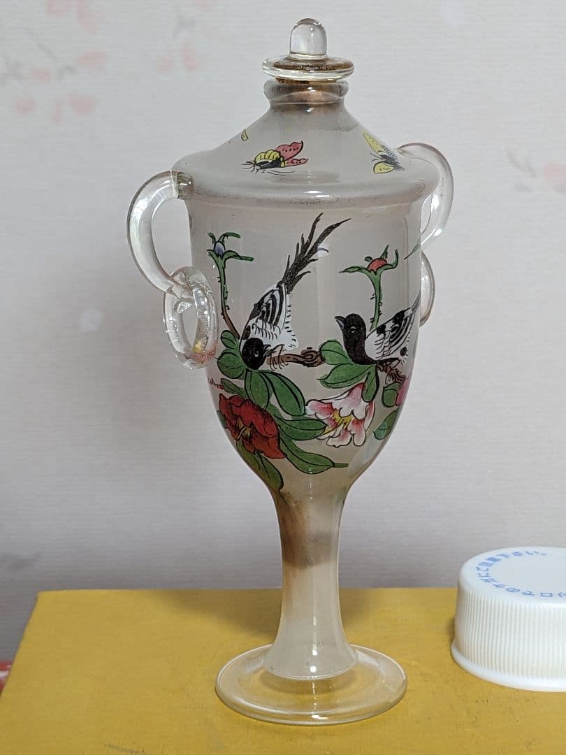 ♦中国 ガラス絵 花鳥図 自在遊環 双耳 鼻煙壺 古玩 置物飾り骨董品 レア物