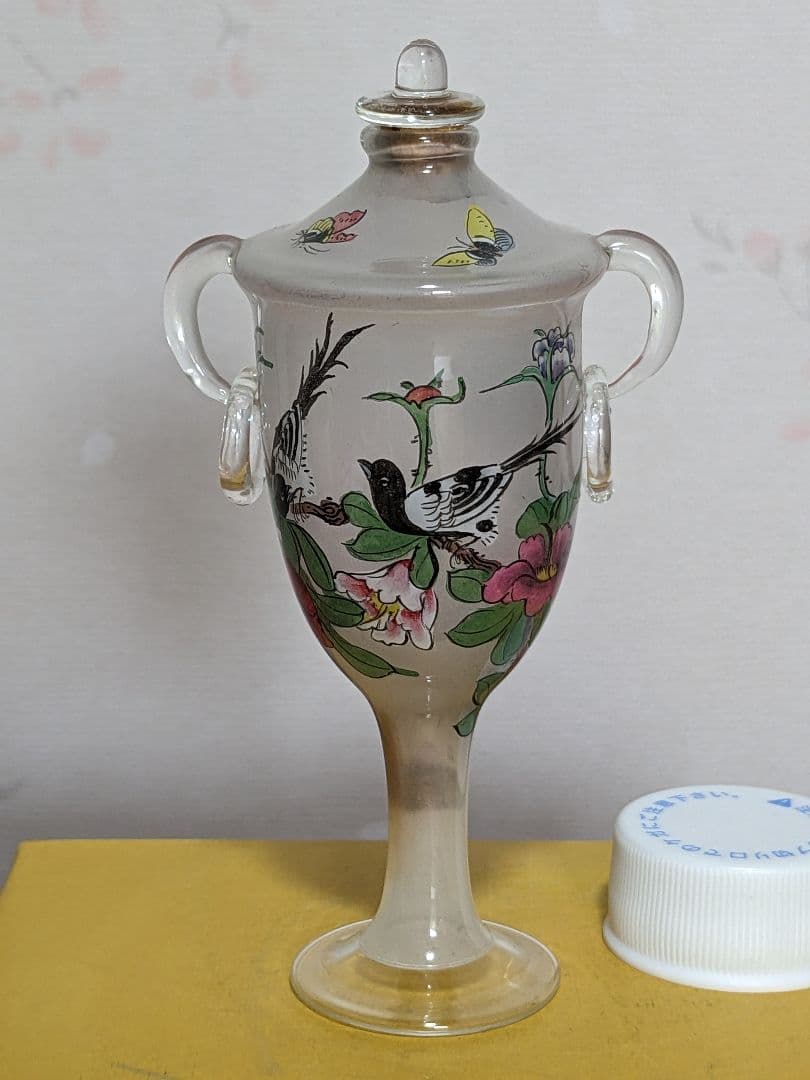 ♦中国 ガラス絵 花鳥図 自在遊環 双耳 鼻煙壺 古玩 置物飾り骨董品 レア物