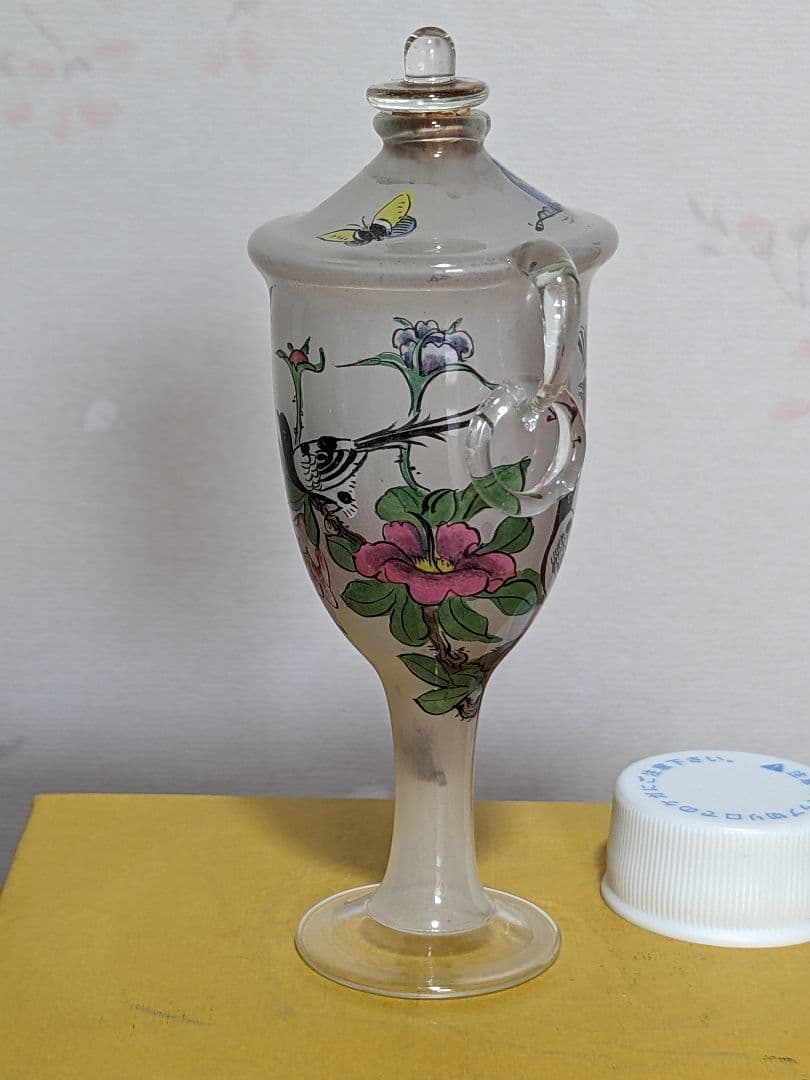 ♦中国 ガラス絵 花鳥図 自在遊環 双耳 鼻煙壺 古玩 置物飾り骨董品 レア物
