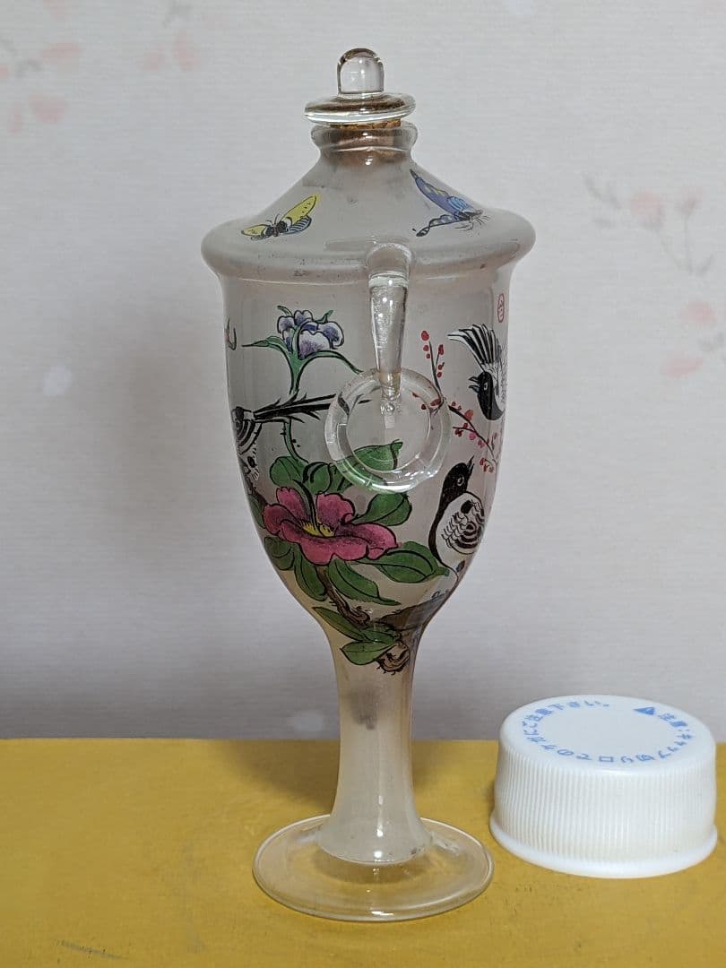 ♦中国 ガラス絵 花鳥図 自在遊環 双耳 鼻煙壺 古玩 置物飾り骨董品 レア物