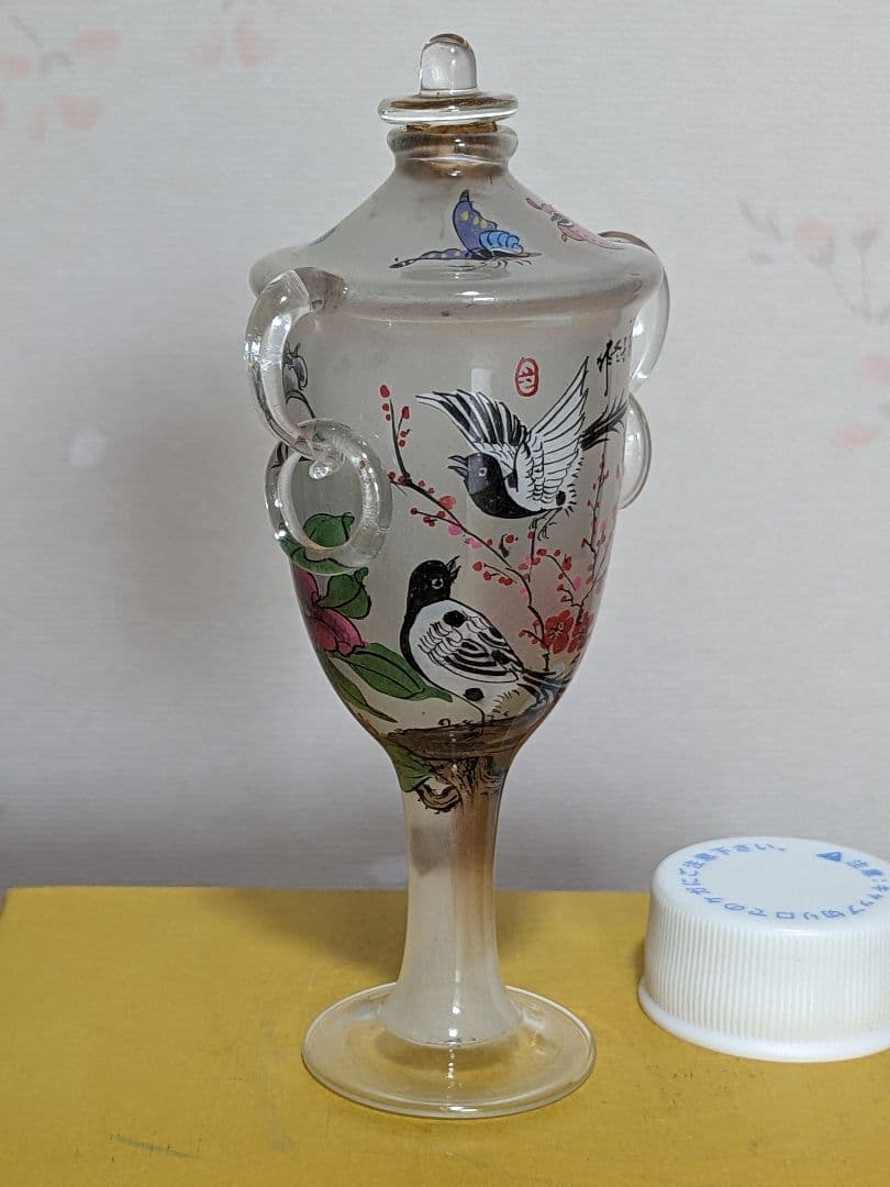 ♦中国 ガラス絵 花鳥図 自在遊環 双耳 鼻煙壺 古玩 置物飾り骨董品 レア物