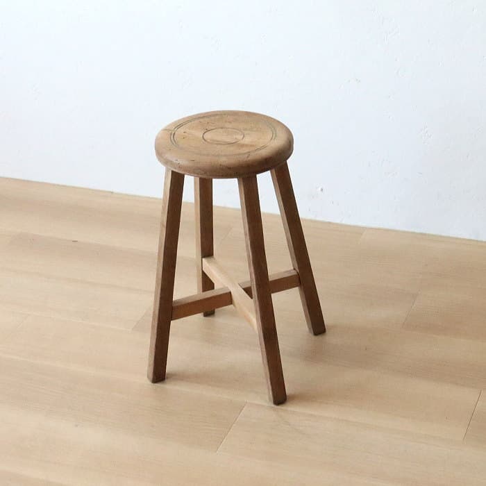 Cアンティーク 木製 無塗装 無垢材 丸スツール 古家具 ナラ ブナ