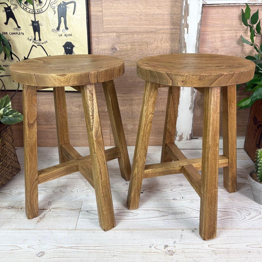 アジアンエスニックミンディ材木製天然木無垢材丸スツール二脚セット椅子花台イス