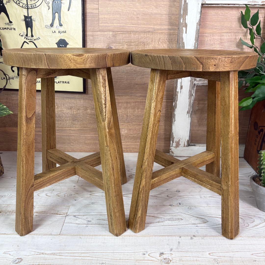 アジアンエスニックミンディ材木製天然木無垢材丸スツール二脚セット椅子花台イス