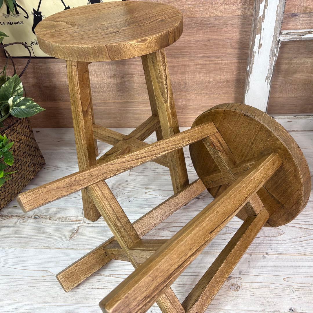 アジアンエスニックミンディ材木製天然木無垢材丸スツール二脚セット椅子花台イス