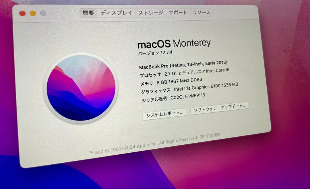 MacBook Pro 13インチ（2015年モデル）です。