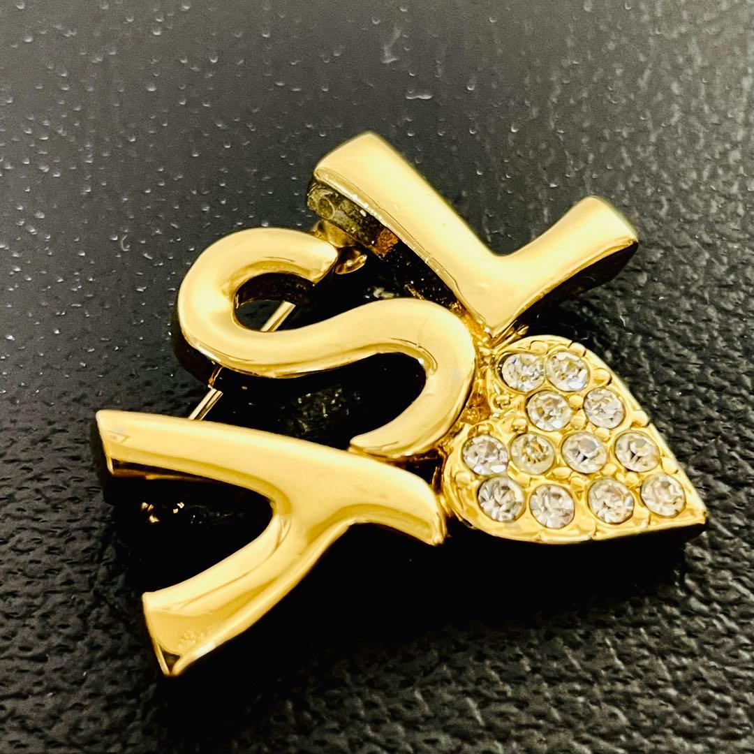 【美品/刻印】サンローラン YSL ロゴ ハート ピカピカ ブローチ ゴールド