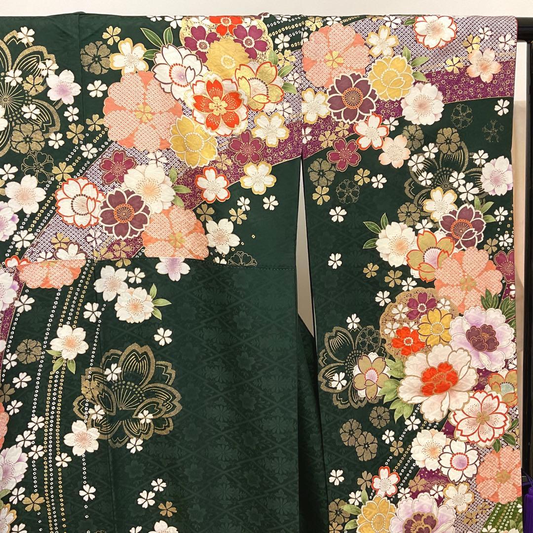 綺麗な地模様入りのグリーン地に桜が可愛い振り袖フルセット➕着付け用小物
