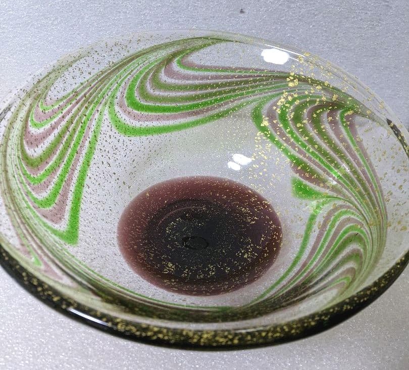 作家物 小西 晃 ガラス工芸 大鉢 吹きガラス 金彩